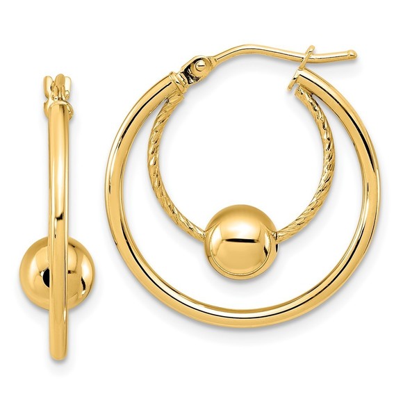 10k Yellow Gold Polished Textured w/ 6mm Ball Hoop Earrings